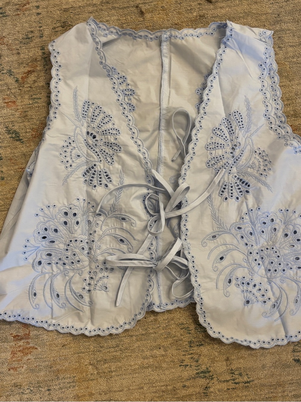 Embroidered Eyelet Tie-Front Vest in Light Blue